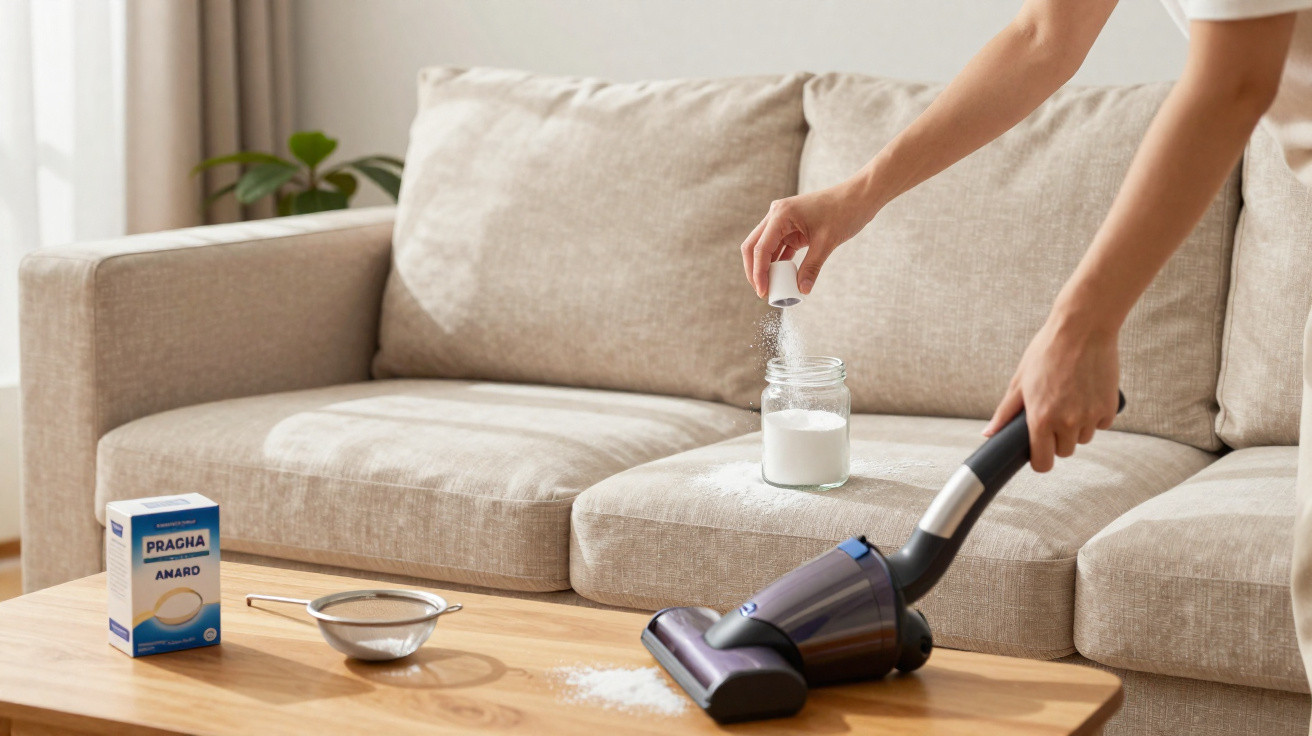 Person cleaning powder spill from wooden table using handheld vacuum near beige sofa in living room.