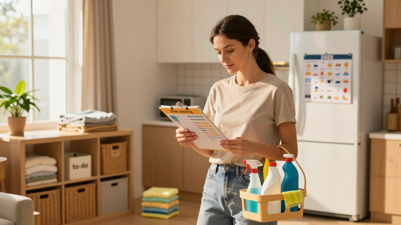 Woman holding cleaning supplies and reading a chart in a bright, organised room with wooden storage units.