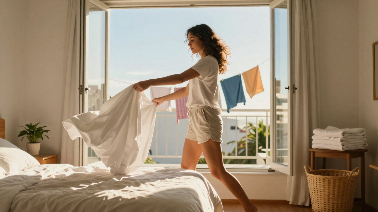 Woman making a bed in a sunlit bedroom with open window and colourful clothes hanging outside.