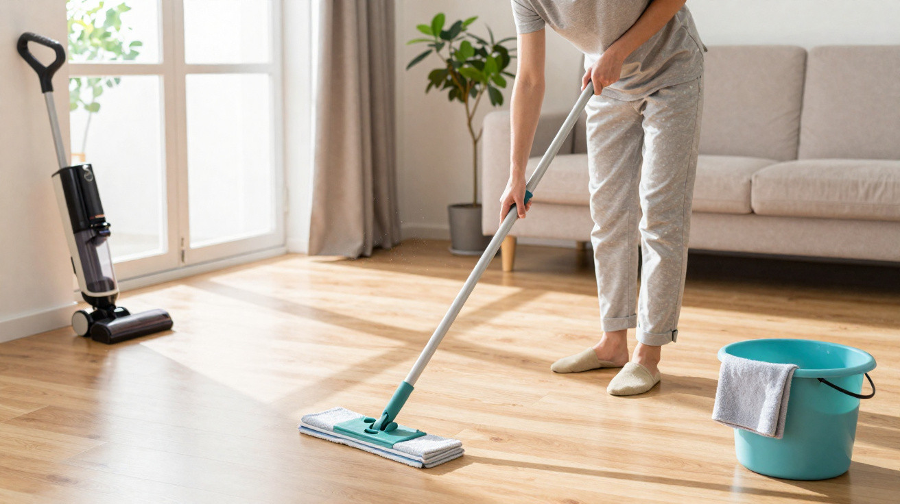 Person mopping a wooden floor in a bright living room with a bucket and vacuum cleaner nearby.