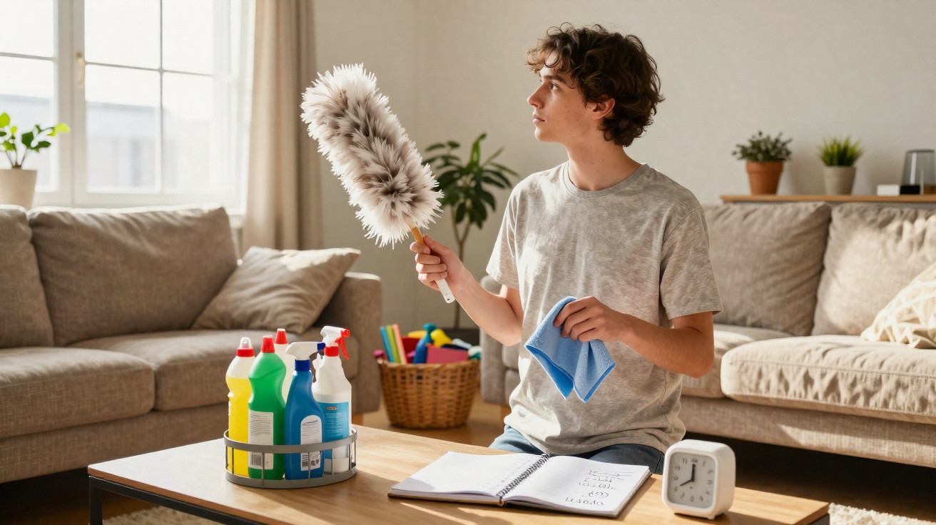 Young man holding a duster and cloth, sitting at a table with cleaning supplies and a notebook in a living room.