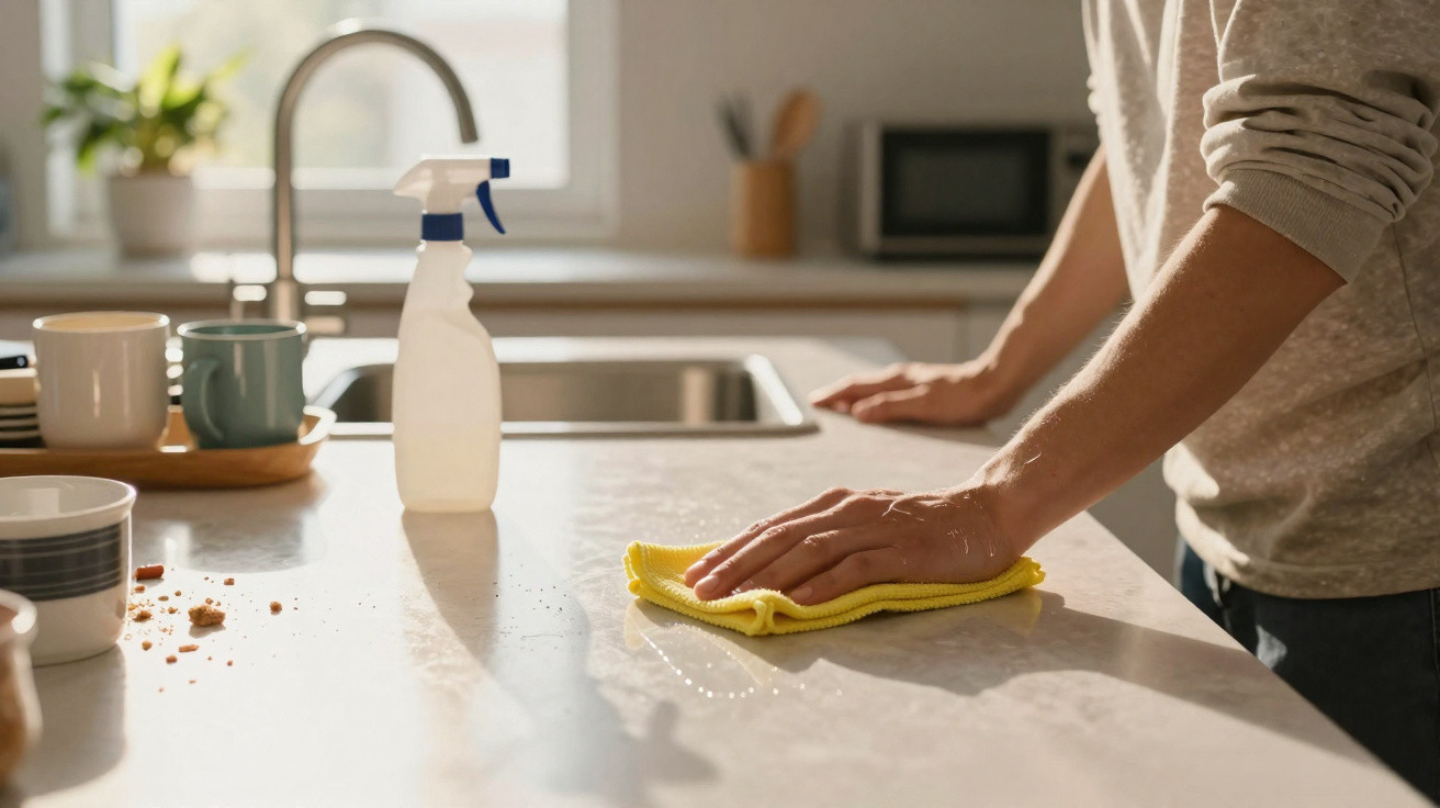 Person cleaning kitchen countertop with yellow cloth and spray bottle, crumbs and mugs visible on the surface.