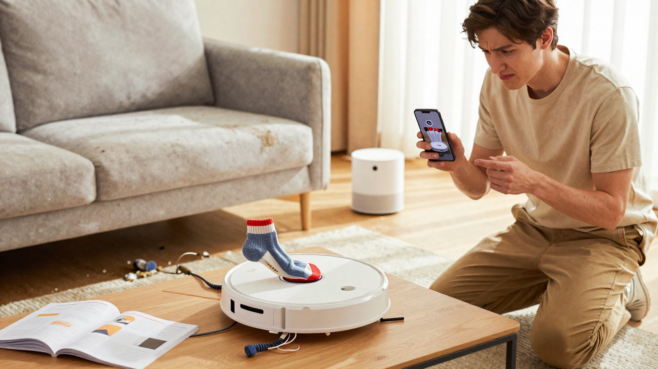 Man holding smartphone and pointing at robot vacuum cleaner stuck on coffee table with sock on top