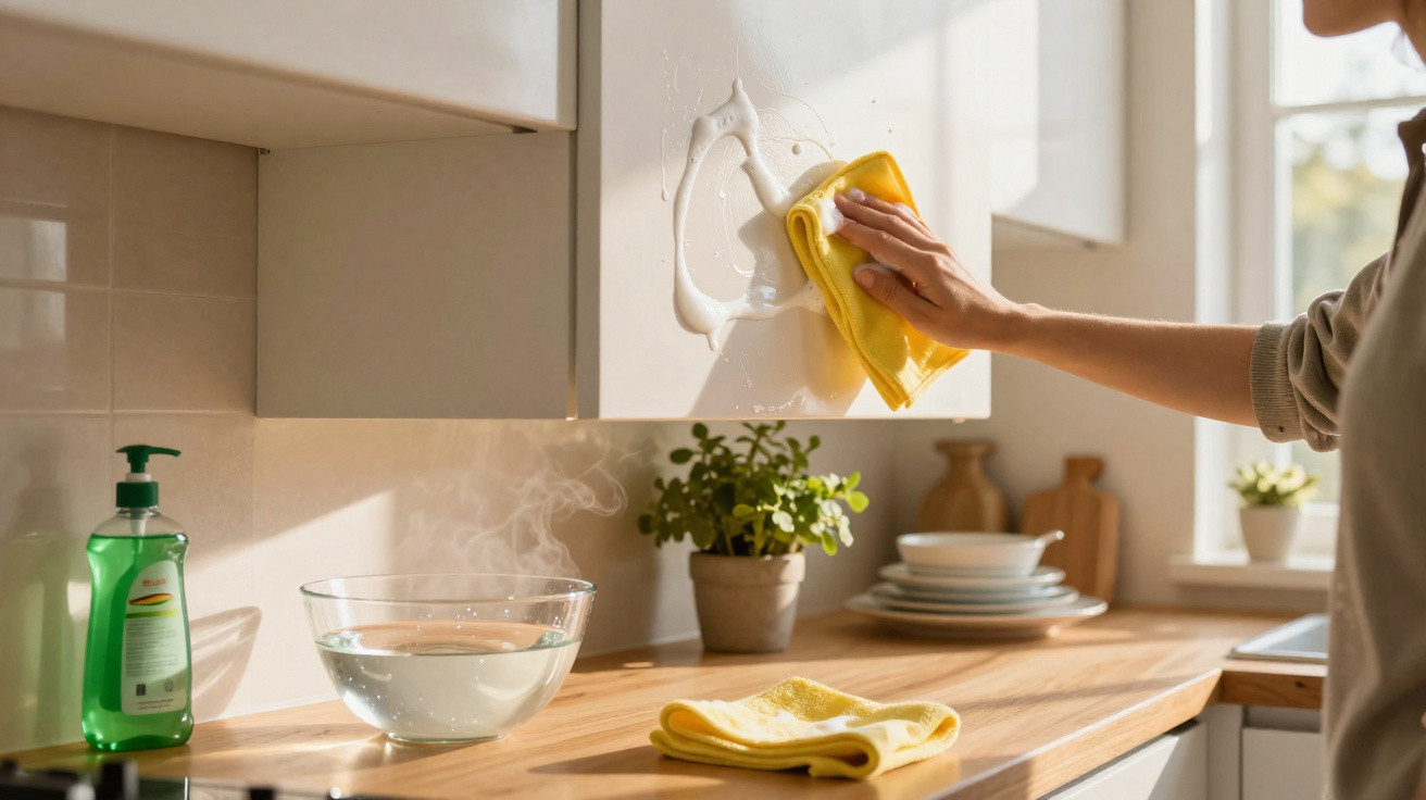Person cleaning kitchen cupboard door with yellow cloth and white cleaner in bright kitchen.