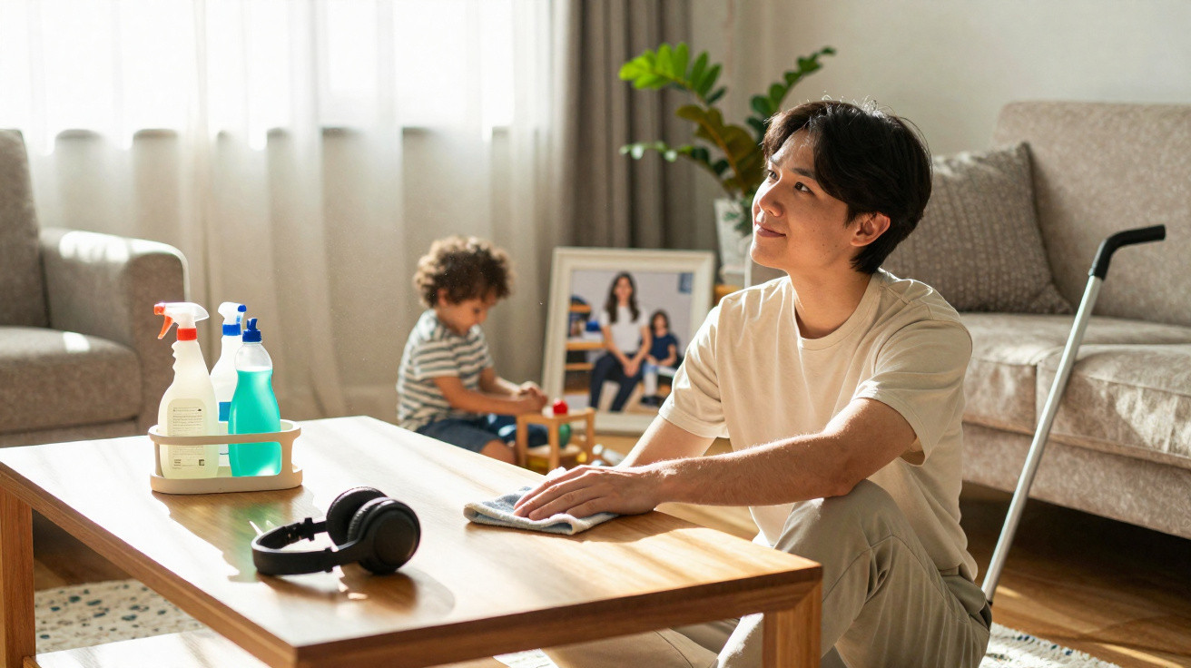 Person cleaning a wooden table with a child playing in the background in a bright living room.