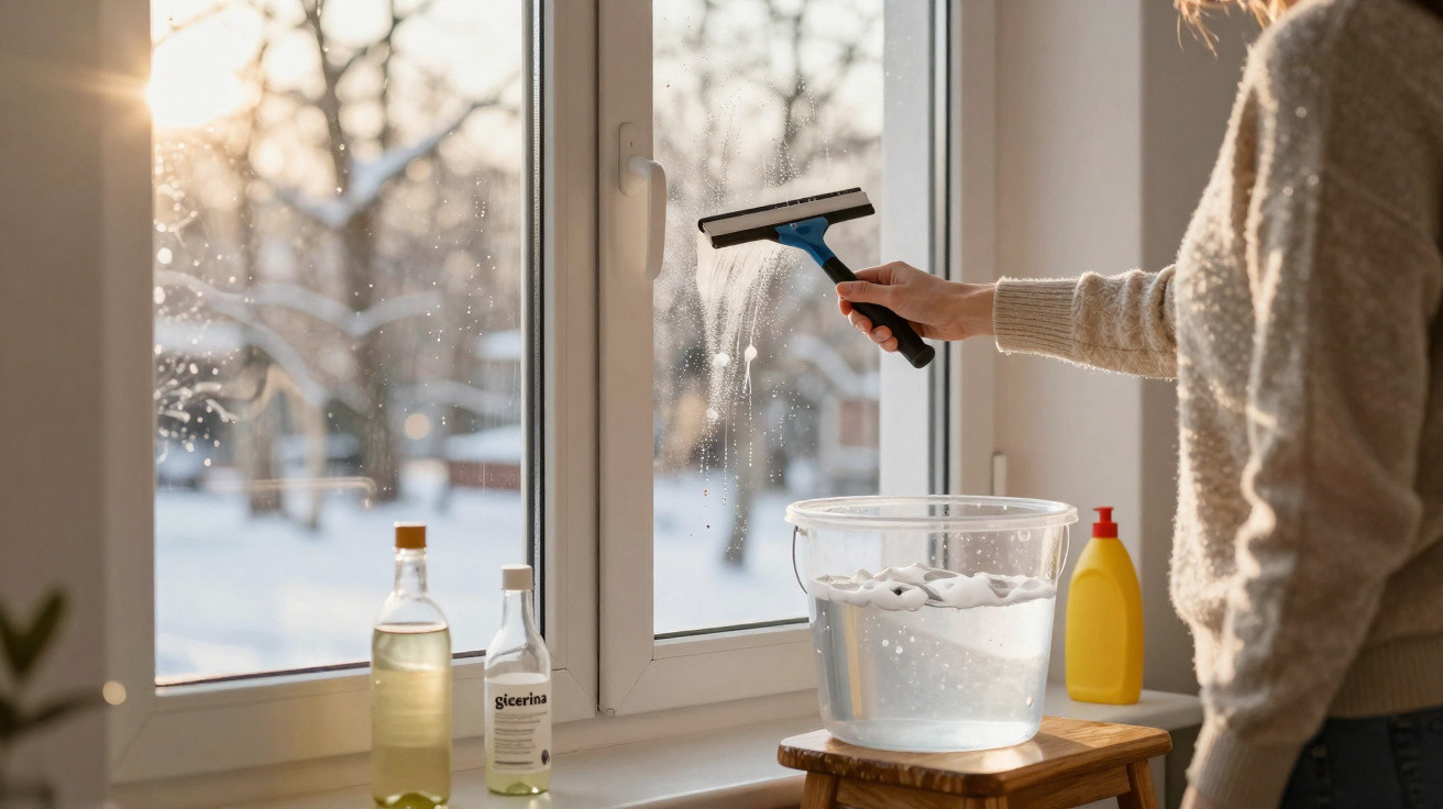 Person cleaning a window with a squeegee using water in a clear bucket on a stool by the windowsill.