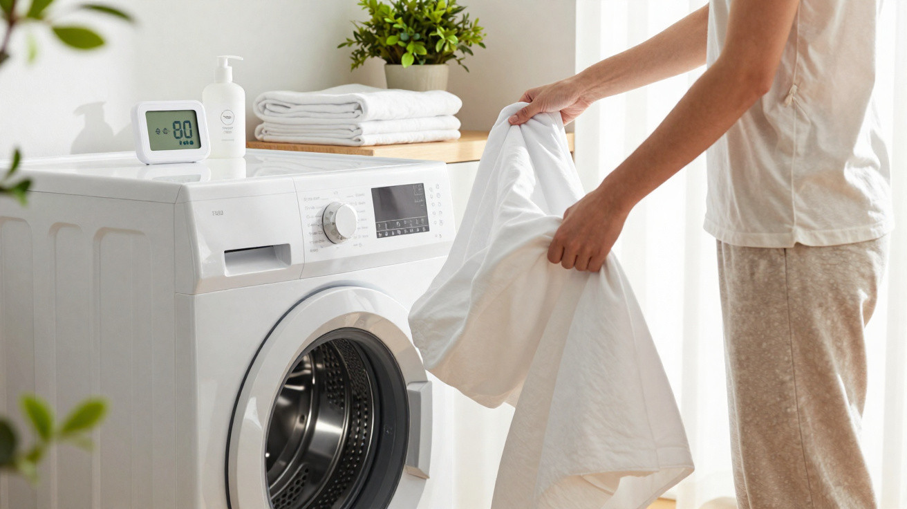 Person loading white laundry into a front-loading washing machine in a bright, tidy room.