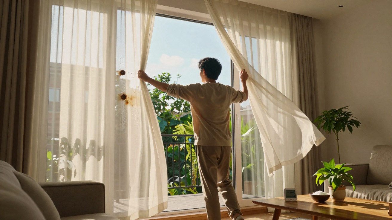 Person opening sheer curtains in bright living room with plants and balcony doors on a sunny day.