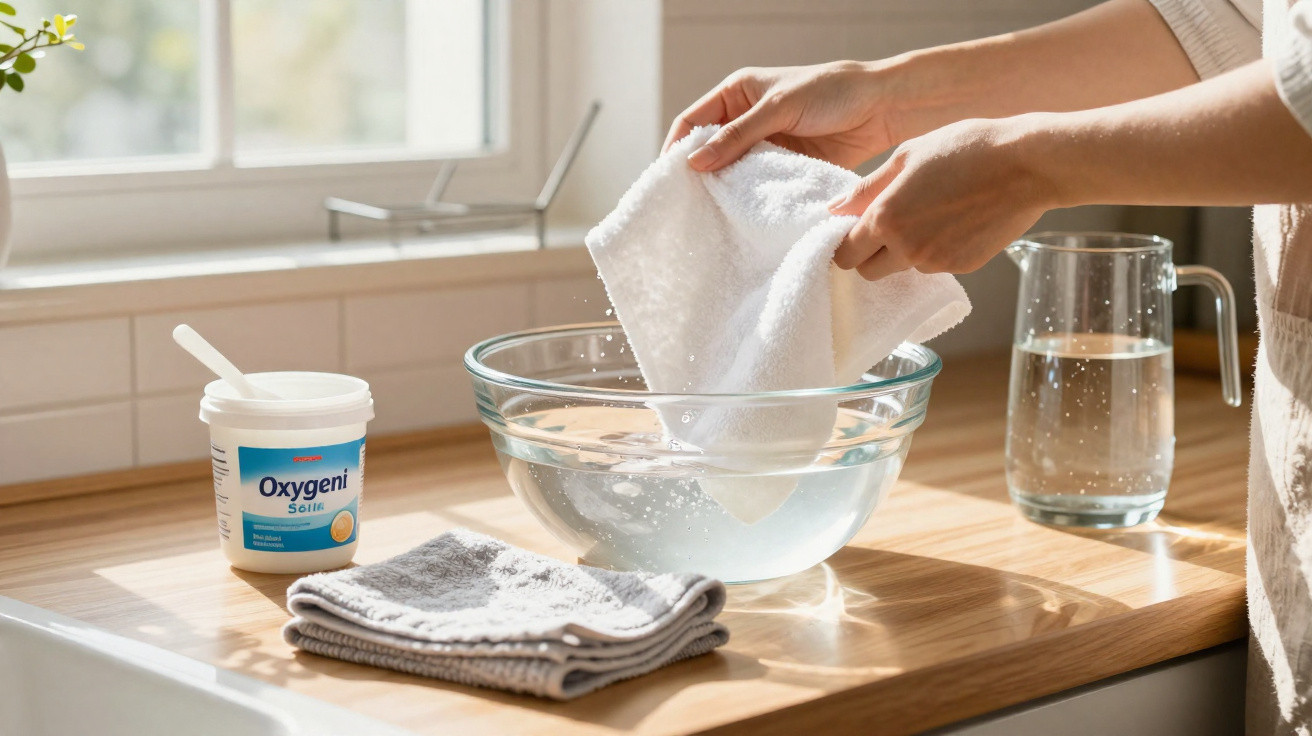 Hands wringing a white cloth over a bowl of water on a wooden kitchen counter with cleaning supplies nearby