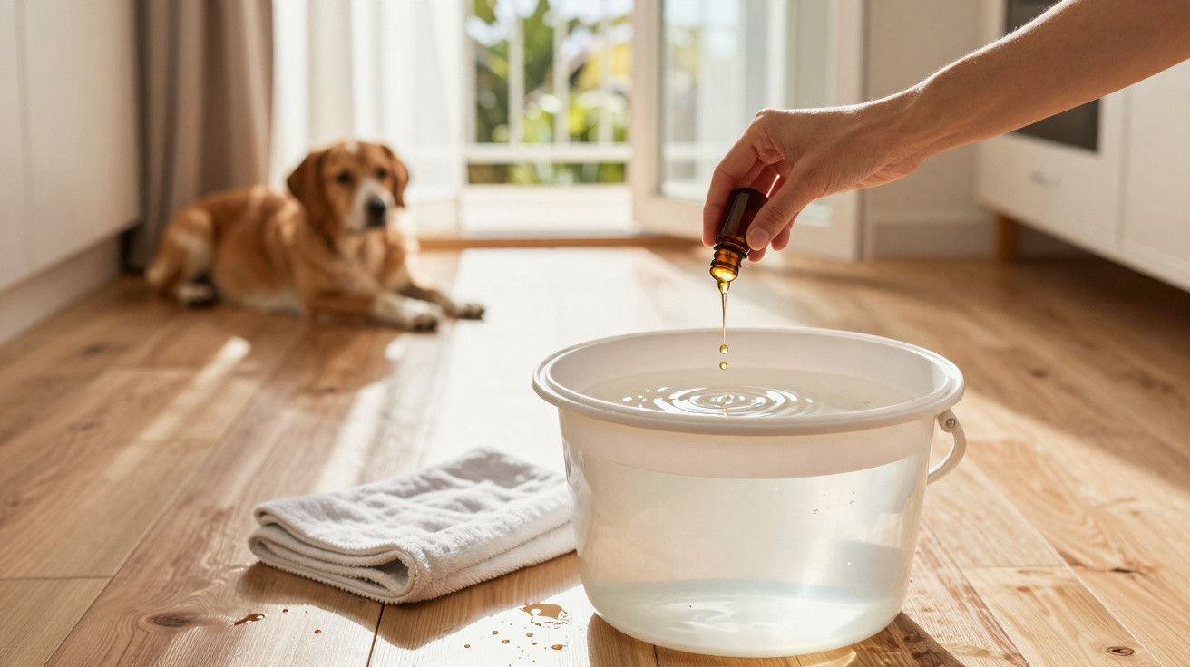 Hand holding a dropper dripping liquid into a bucket of water on the floor with a dog lying in the background.