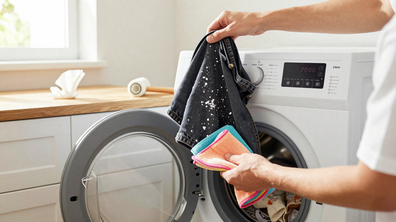 Person loading a paint-splattered black denim jacket and colourful cloths into a front-loading washing machine.