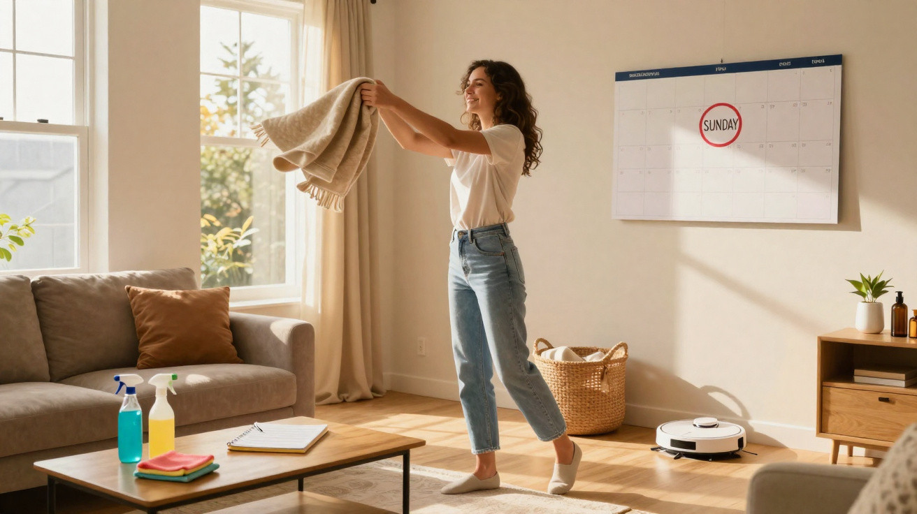 Woman holding a blanket and smiling in a bright living room with cleaning supplies and a calendar showing Sunday.