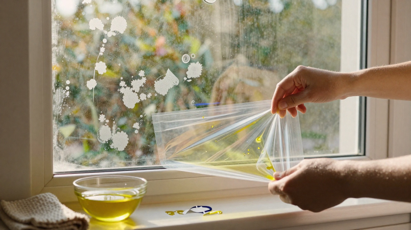 Hands peeling a protective film off a dirty window with paint splatters and a bowl of cleaning liquid nearby.