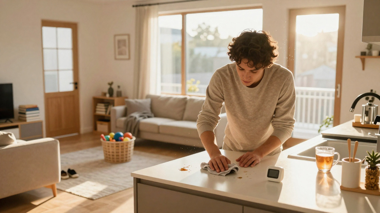 Young person cleaning kitchen island surface with cloth in a sunlit, modern living space.