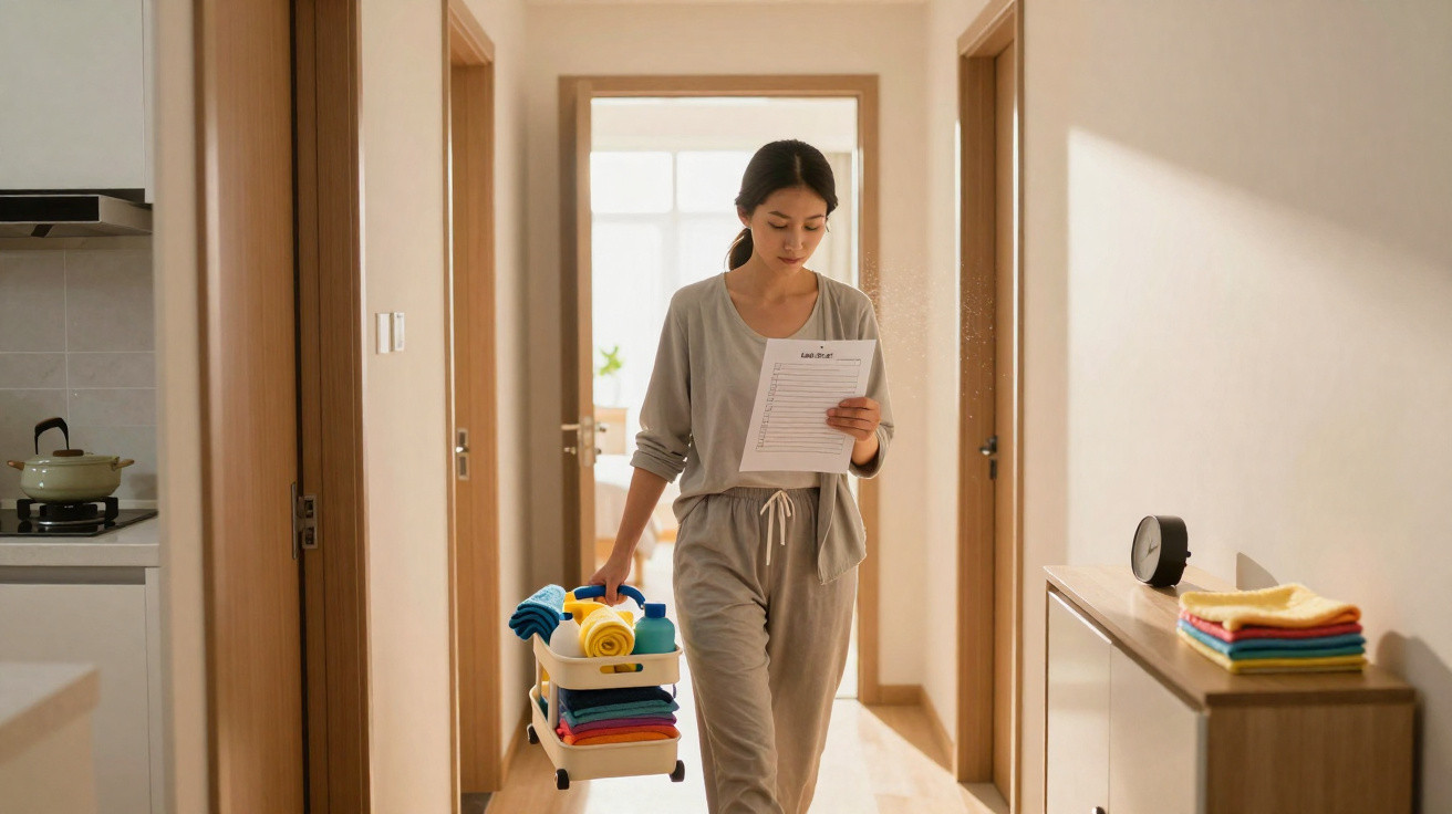 Woman reading checklist while carrying laundry basket with folded clothes in a bright home hallway.