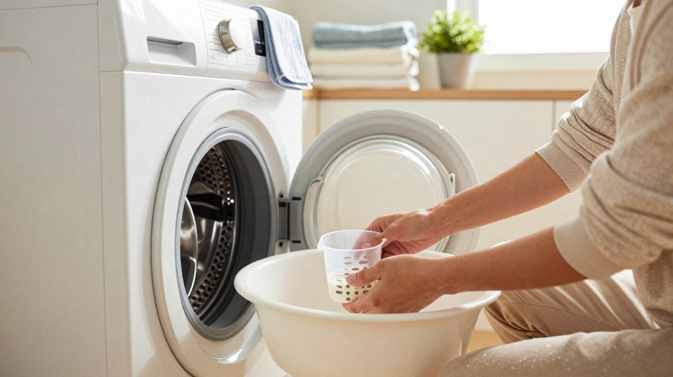 Person loading detergent into front-loading washing machine with folded laundry and plant in background