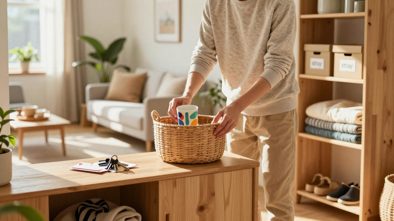 Person placing a colorful mug inside a wicker basket on a wooden cabinet in a cosy living room.