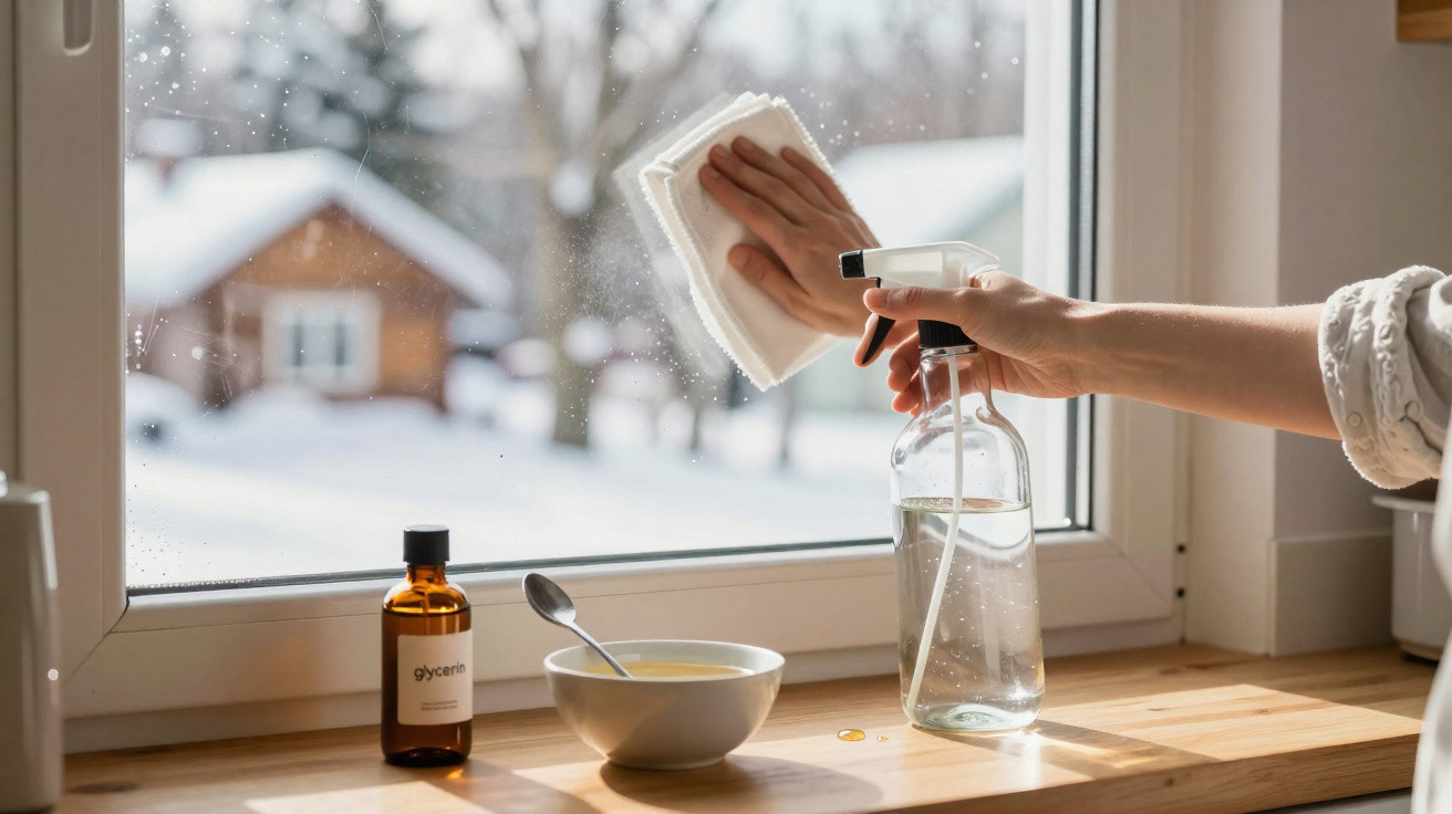 Person cleaning a kitchen window with cloth and spray bottle, snow-covered houses visible outside.