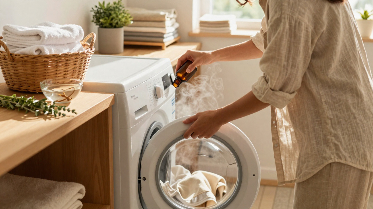 Person adding essential oil to a steaming front-loading washing machine in a bright laundry room.