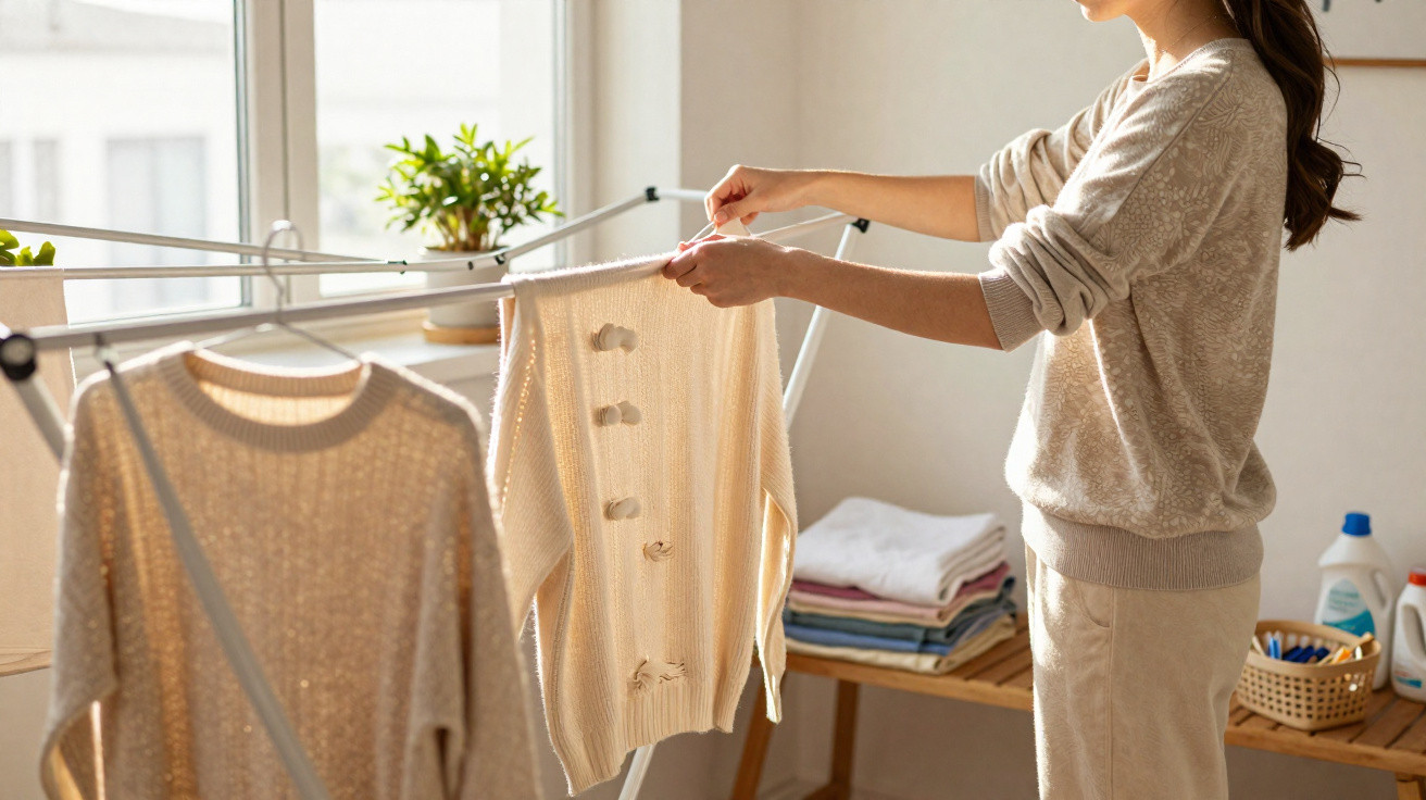 Woman hanging knitted sweaters on a drying rack indoors near a sunny window with folded clothes nearby