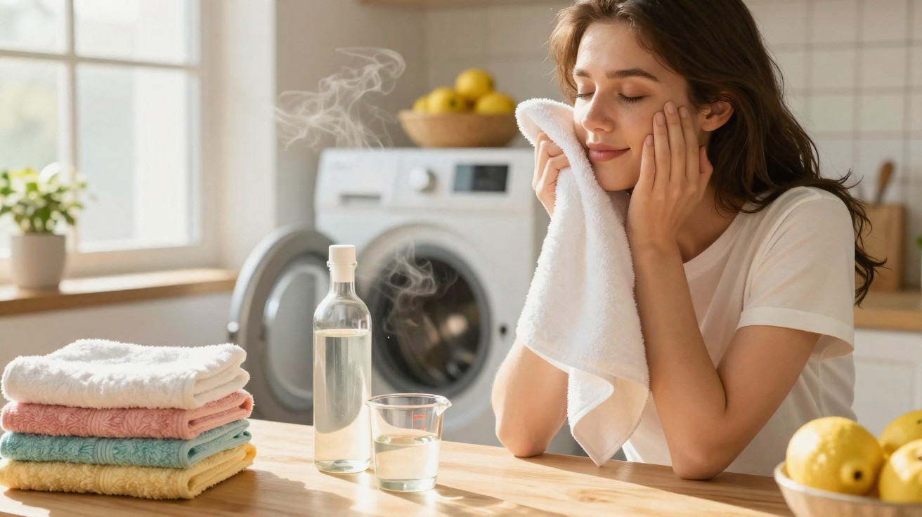 Woman enjoying the fresh scent of a towel while steaming a glass of water in a bright kitchen with laundry appliances.