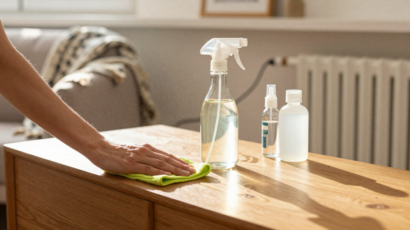 Hand wiping wooden table with green cloth next to spray bottle and two other cleaning bottles in sunlit room.