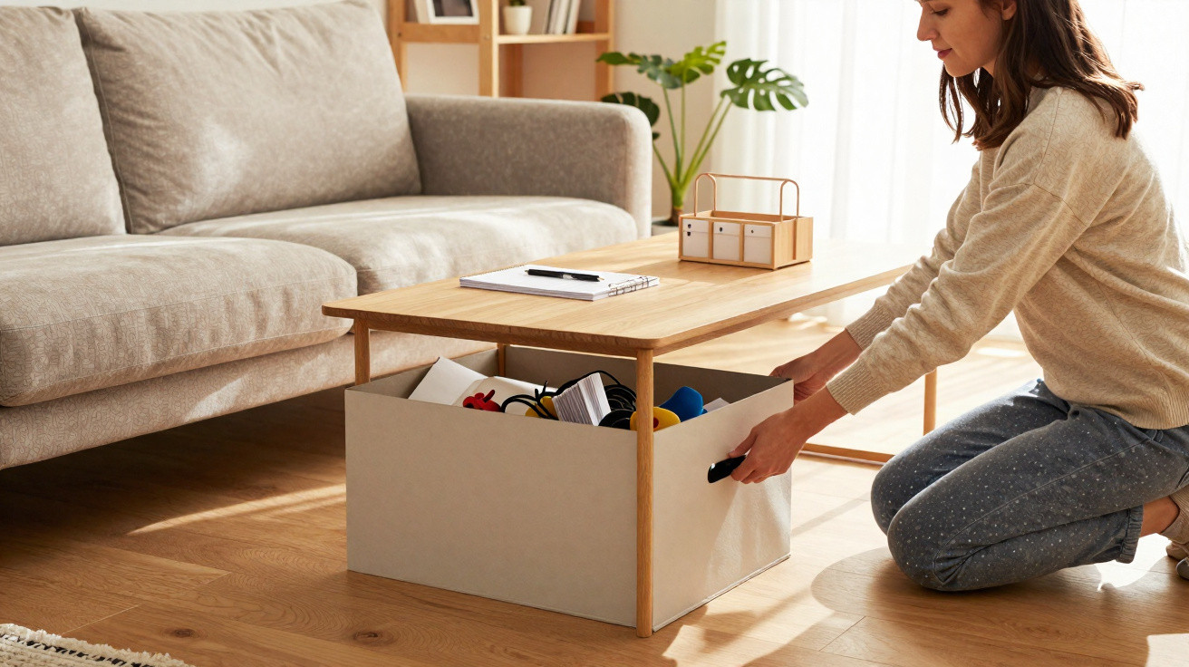 Woman kneeling and pulling a storage box filled with items from under a wooden coffee table in a living room.
