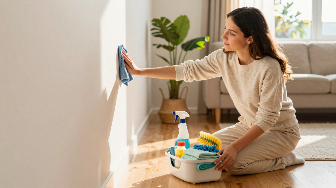 Woman kneeling on wooden floor cleaning a wall with a cloth and holding a basket of cleaning supplies.