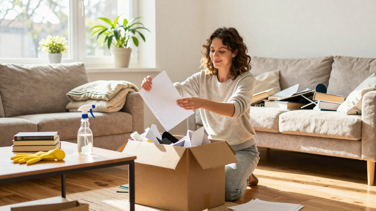Woman kneeling on the floor unpacking papers from a cardboard box in a bright, tidy living room.