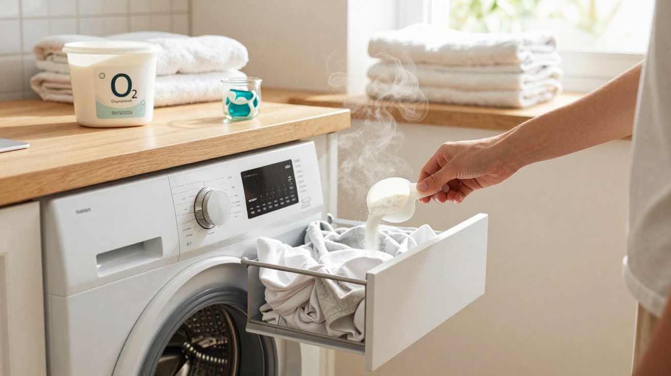 Hand pouring detergent powder into a washing machine drawer filled with clothes in a bright laundry room.