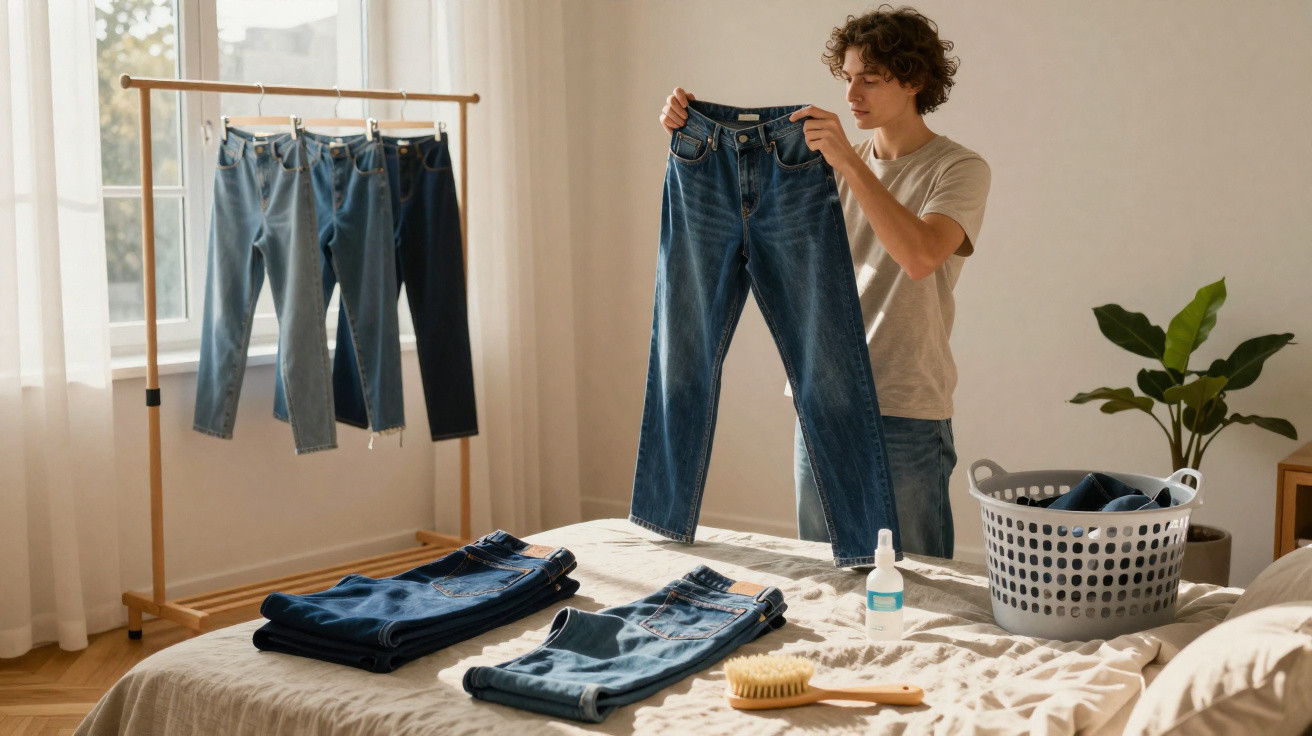Man holding blue jeans while sorting laundry in a sunlit bedroom with clothes rack and basket.