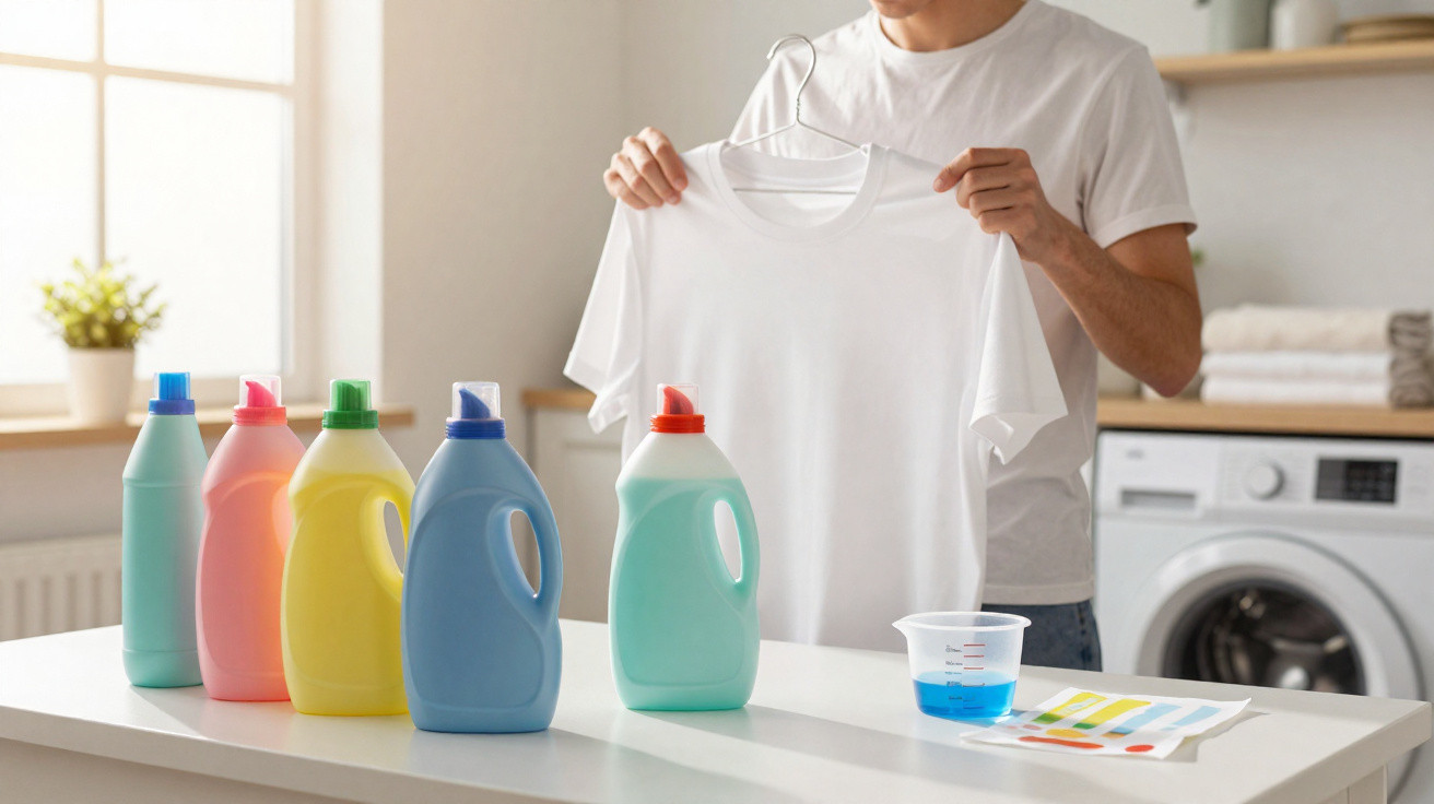 Person holding a white t-shirt with various colourful laundry detergent bottles and measuring cup on table in laundry room.