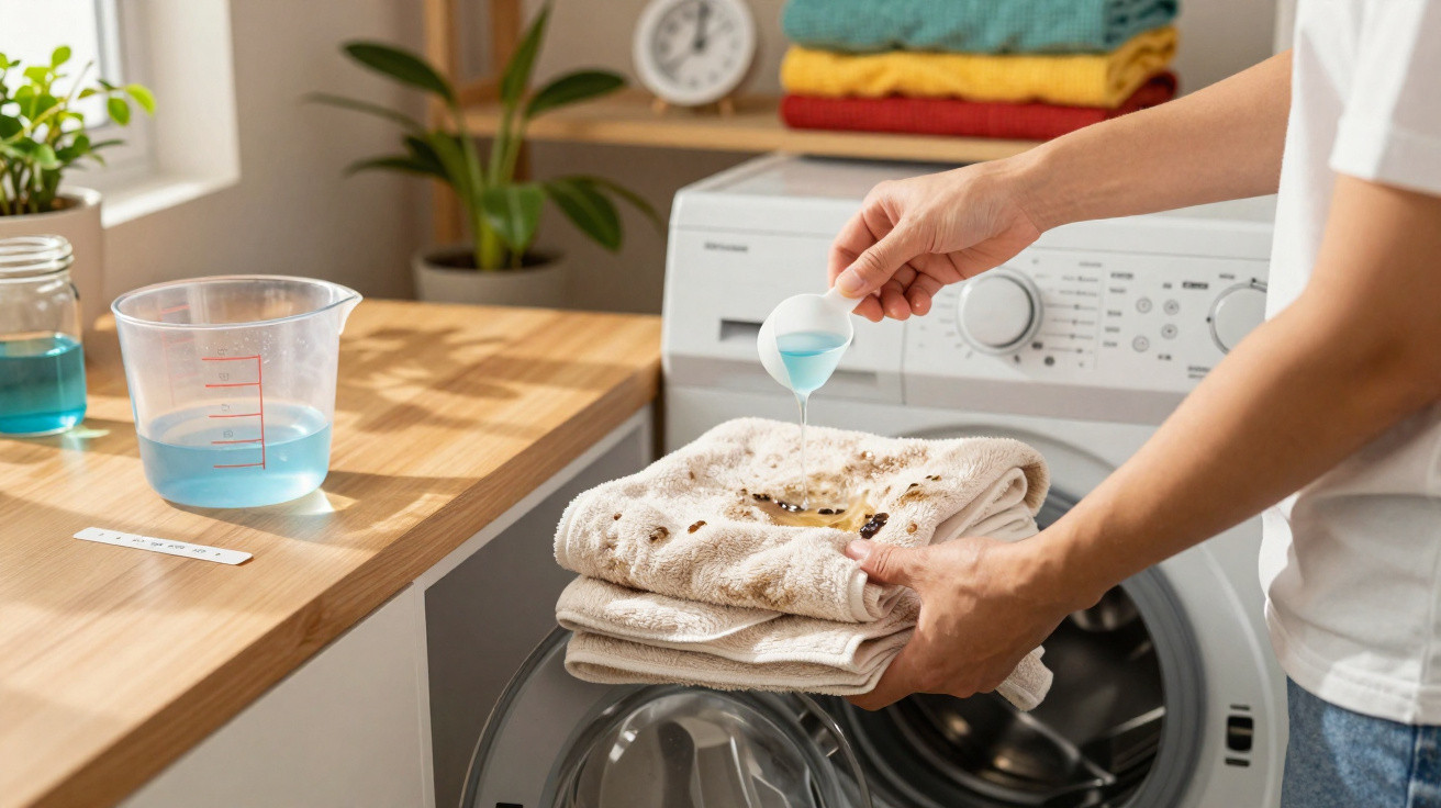 Person pouring liquid detergent on stained towels next to front-loading washing machine in a bright laundry room.