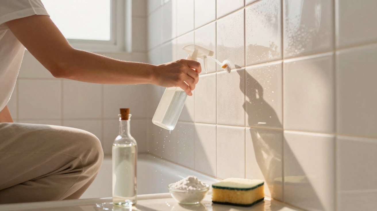 Person spraying cleaning solution on bathroom tiles with sponge, bowl of powder, and bottle nearby in natural light.