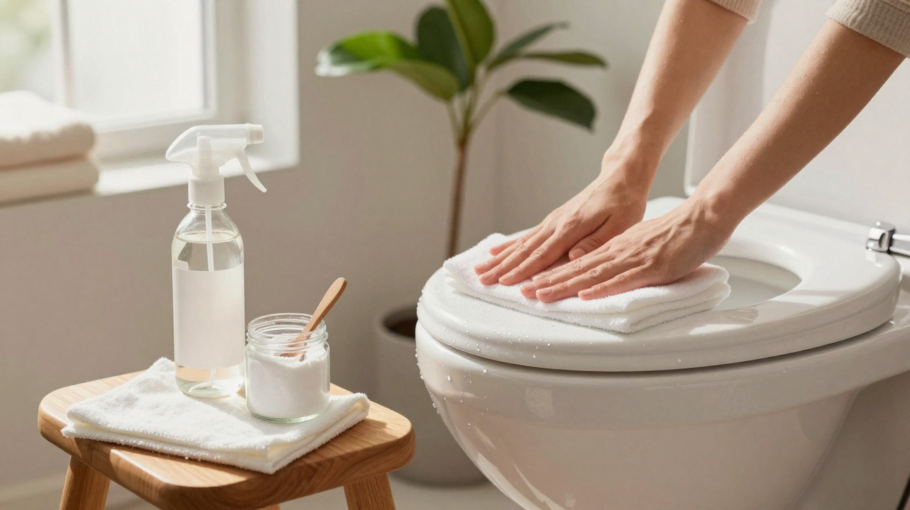 Hands cleaning the closed toilet seat with a white cloth, spray bottle, and cleaning powder on a wooden stool nearby.