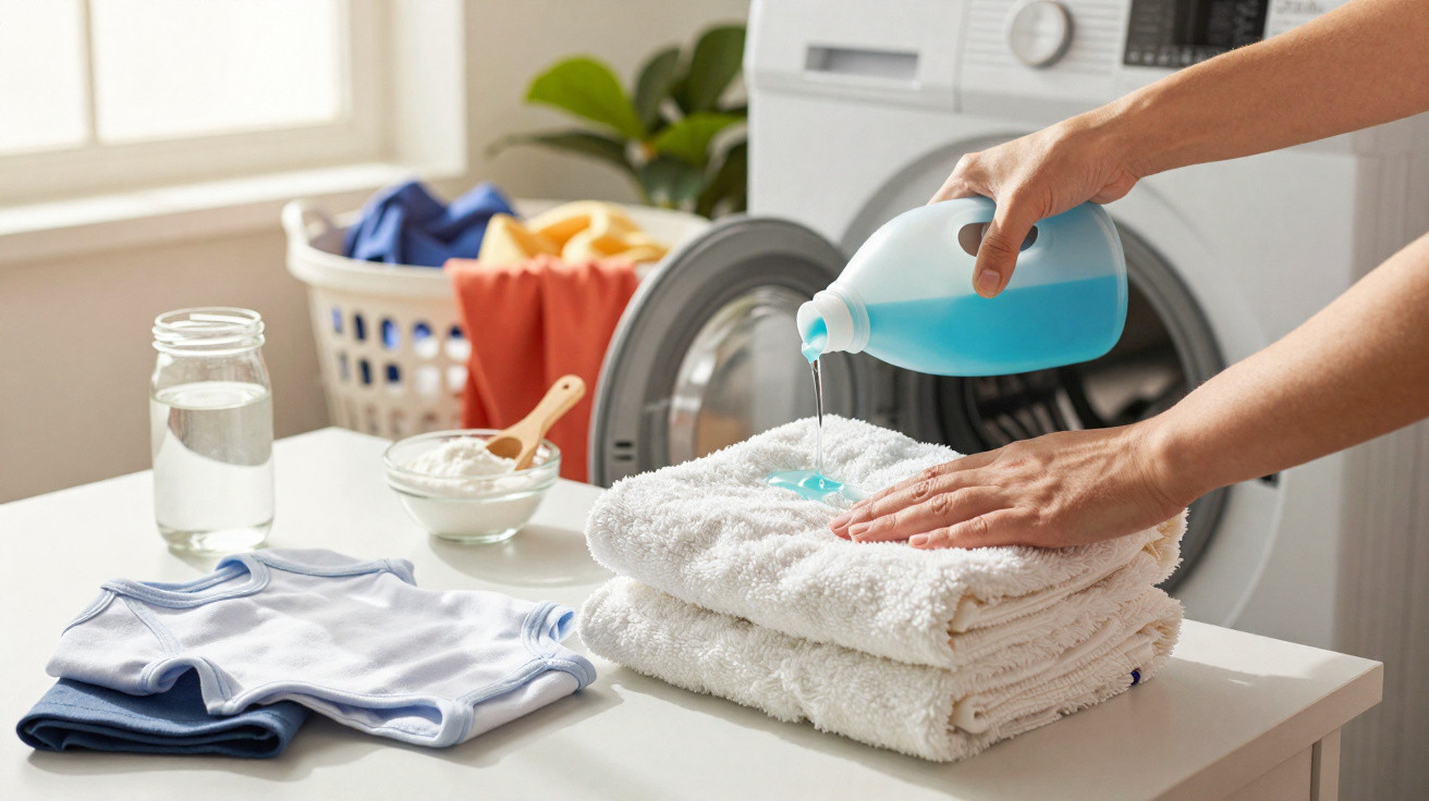Hands pouring blue liquid detergent onto folded white towels near washing machine and laundry basket.