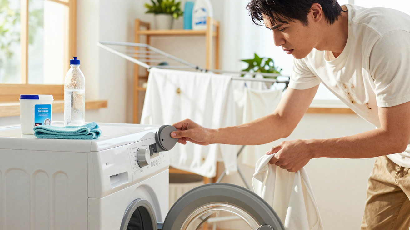 Man loading white clothes into a washing machine in a bright laundry room with drying rack in the background.