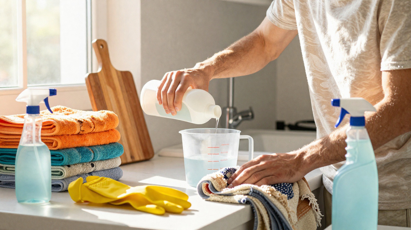 Person pouring liquid into measuring jug on kitchen counter with cleaning supplies and folded towels nearby.