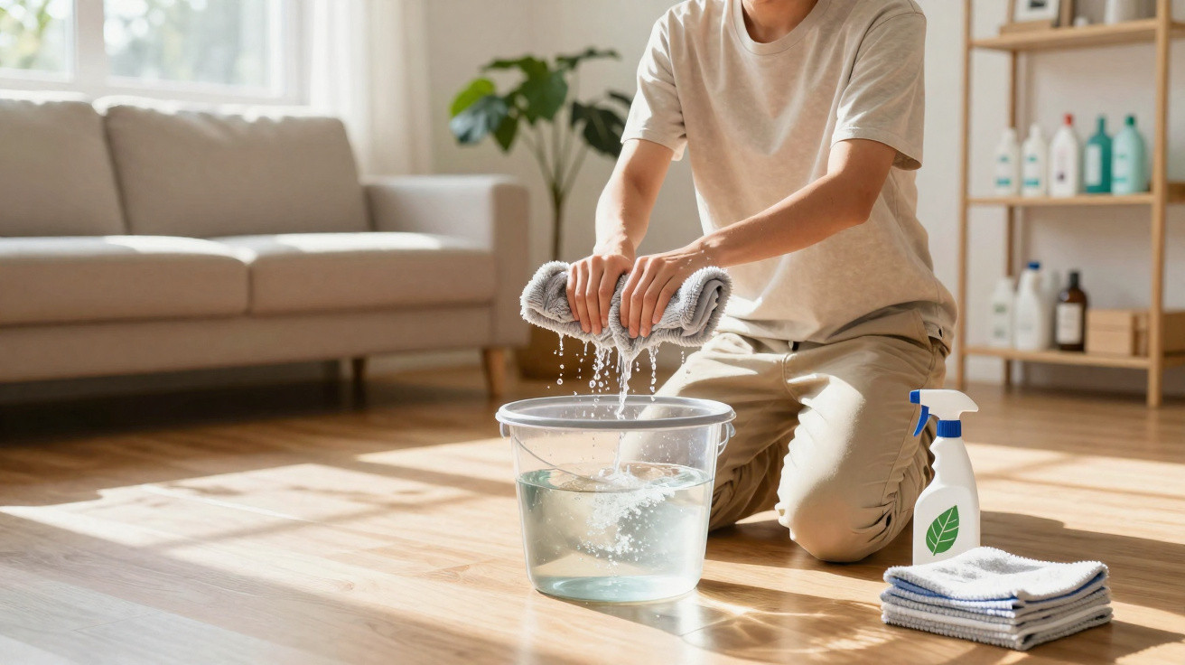 Person wringing out a wet cloth over a bucket on a wooden floor in a sunlit living room.