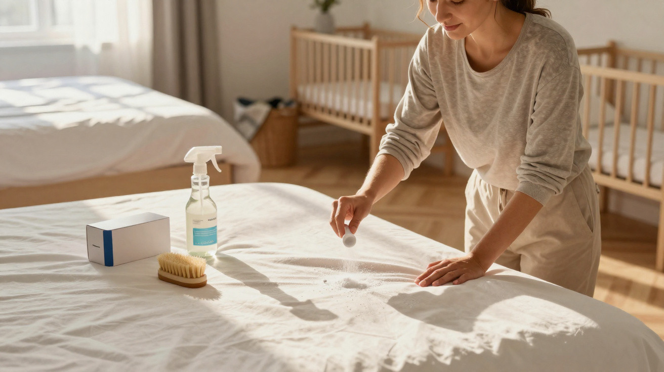Woman treating a stain on a bed sheet with stain remover powder and cleaning spray in a sunlit bedroom.