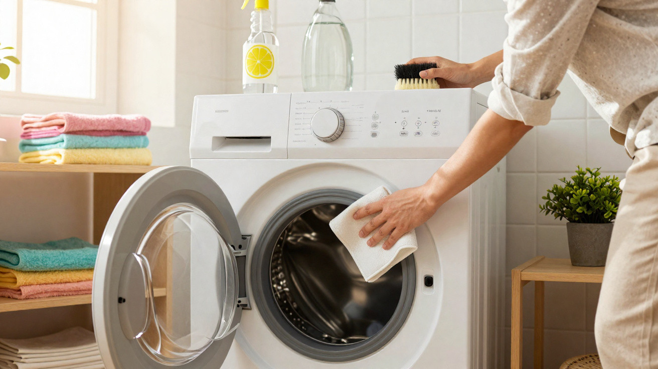 Person cleaning the inside of a front-loading washing machine in a bright laundry room with folded towels nearby.