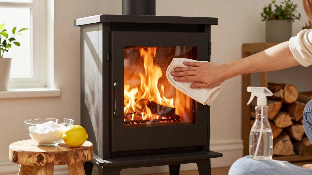 Person cleaning the glass door of a wood-burning stove with fire inside in a cozy living room.