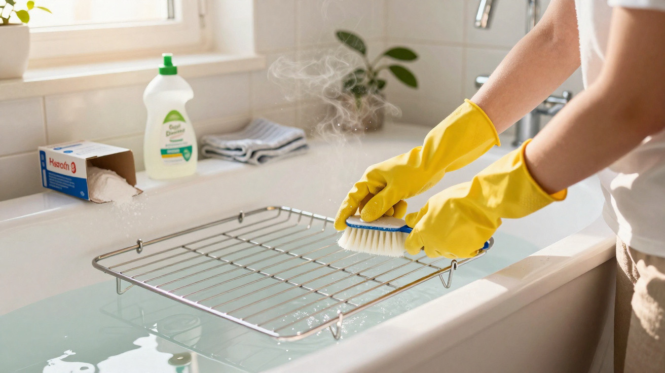 Person wearing yellow gloves scrubbing a metal oven rack in a bathtub filled with water.