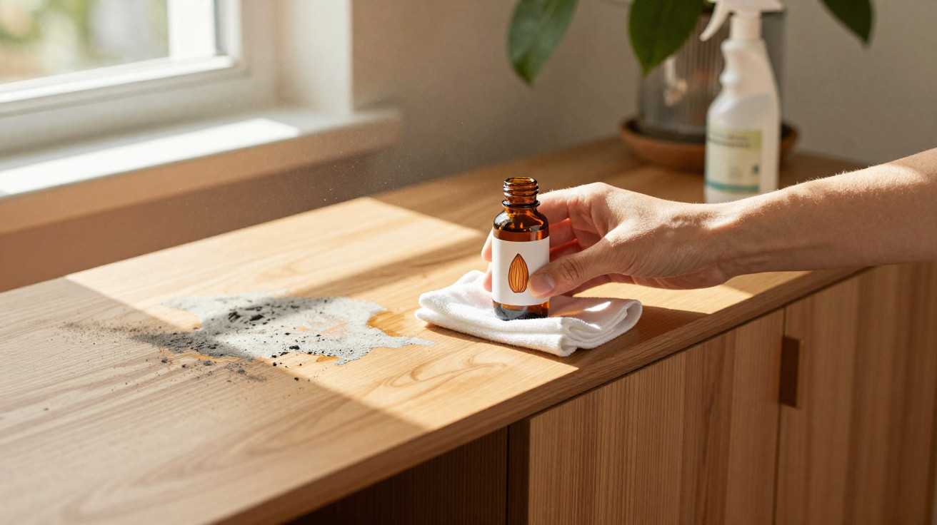 Hand holding a small bottle of almond oil over a cloth on a wooden surface with a spilled powder and spray bottle nearby.