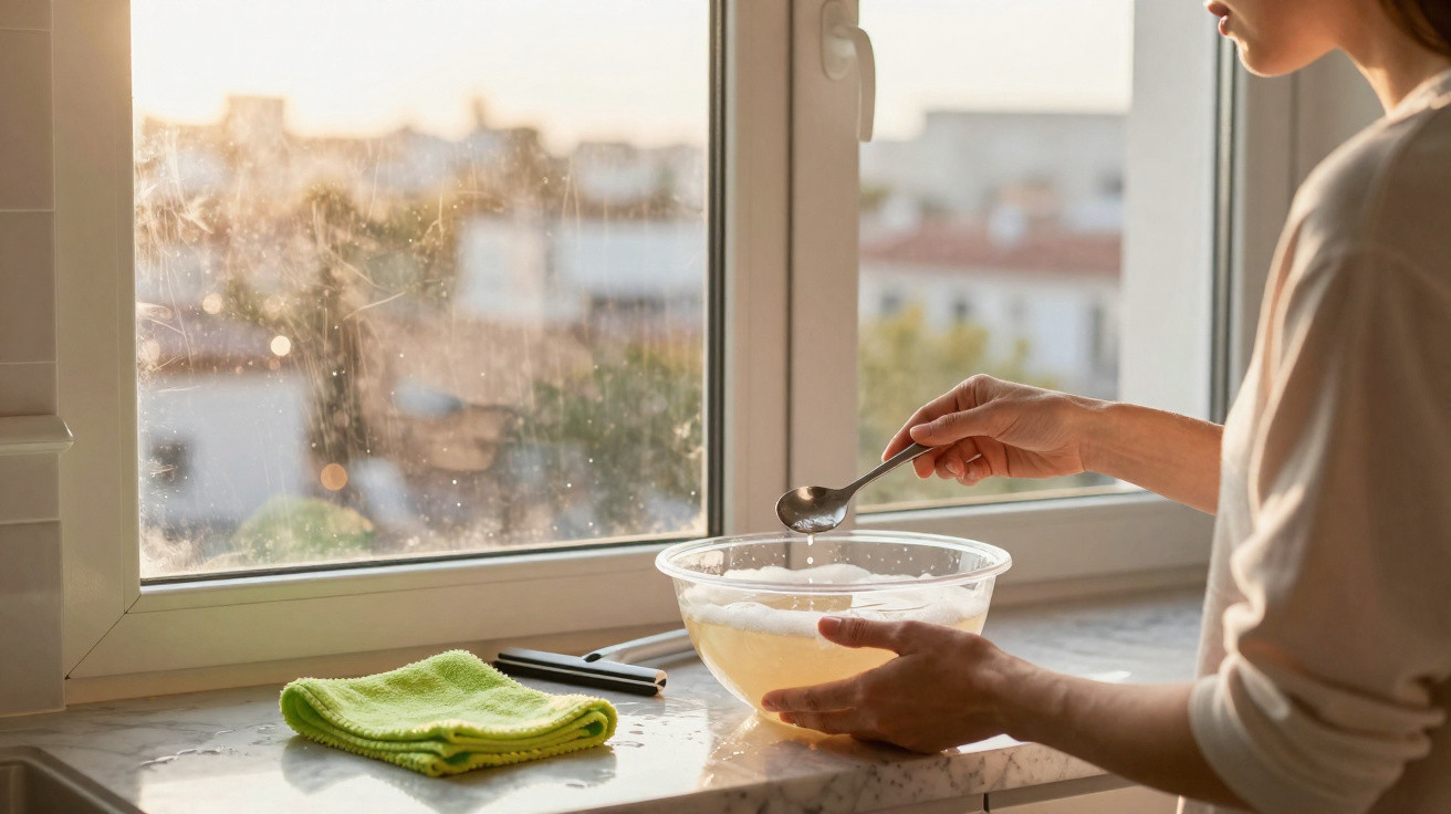 Person stirring liquid in a transparent bowl on a windowsill with a green cloth nearby in soft daylight.