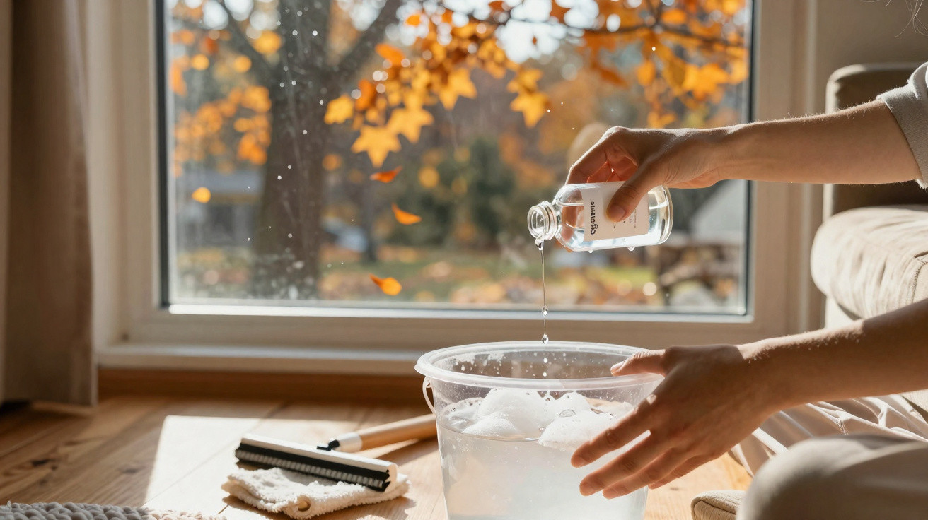 Hands pouring liquid from a small bottle into a bucket of soapy water by a window with autumn leaves outside.
