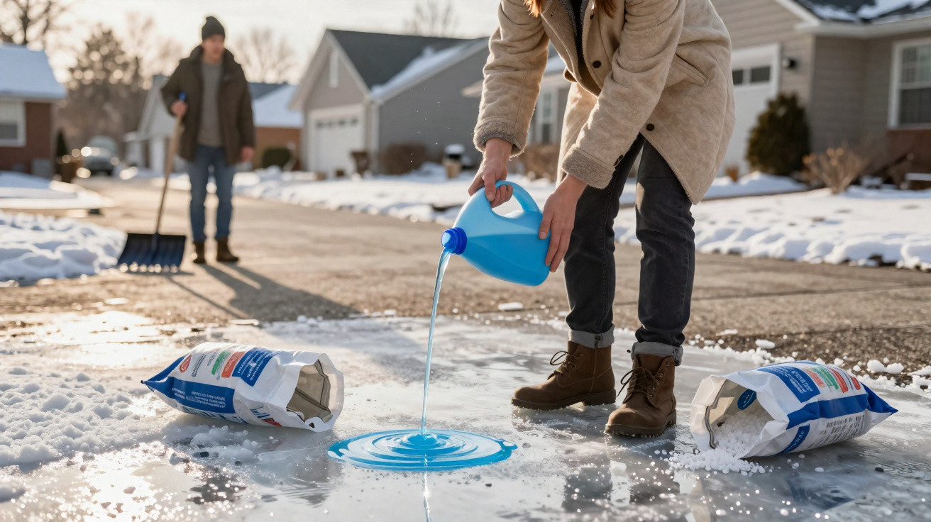 Person pouring liquid ice melt on frozen driveway while another person shovels snow in a residential neighbourhood.