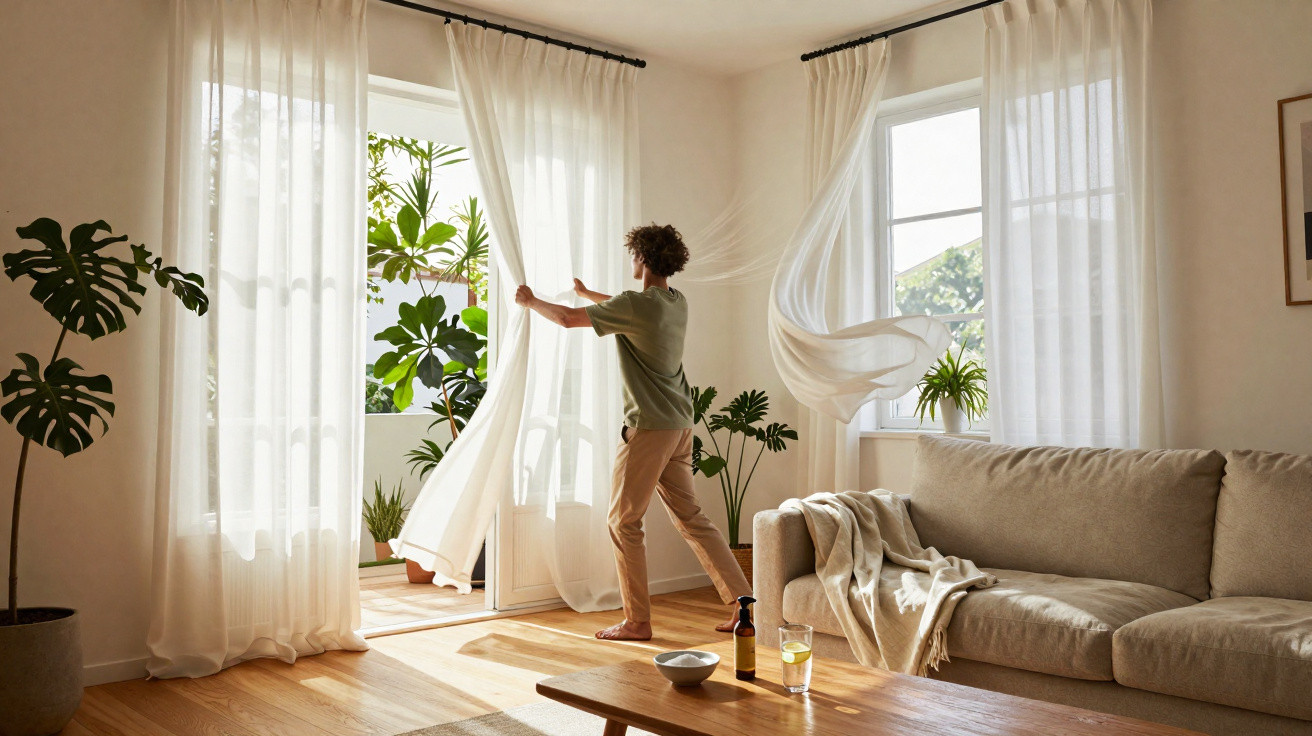 Person opening sheer curtains in a bright living room with plants and natural light streaming in.