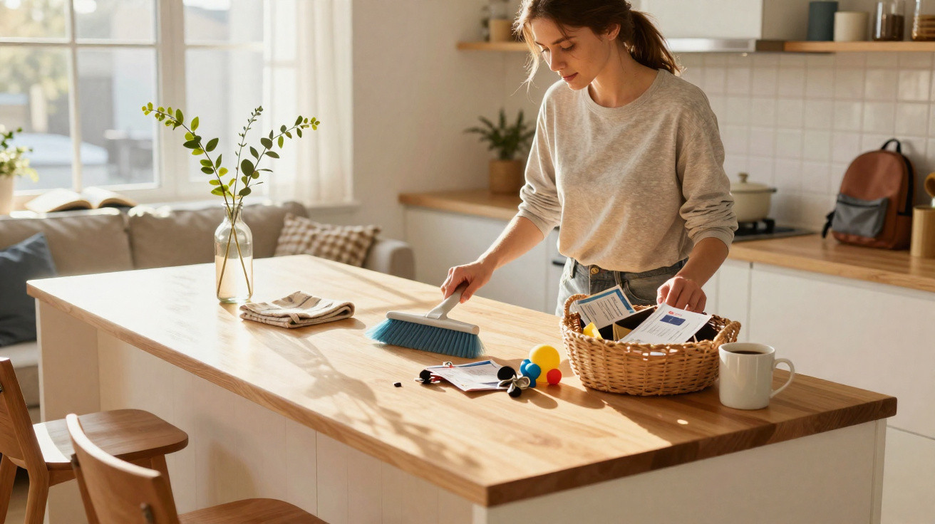Woman sweeping crumbs off a wooden kitchen island with basket, papers, cup, and vase in bright kitchen.