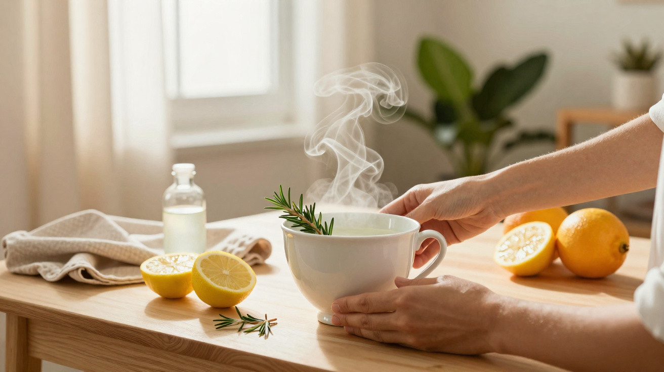 Hands holding a steaming cup of herbal tea with lemon halves and rosemary on a wooden table in a bright room.